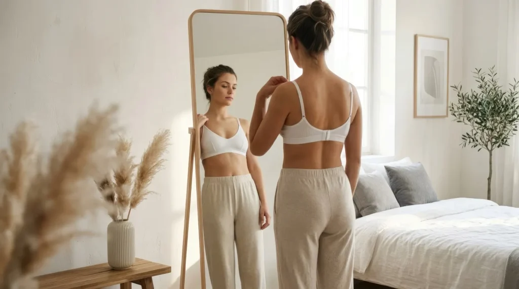 Woman looking at herself in a mirror in a bright room